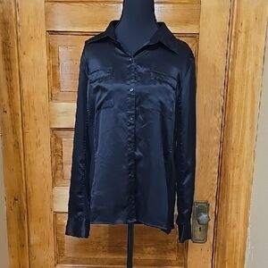 Liz Claiborne Black Satiny Button Down Long Sleeve Shirt  L